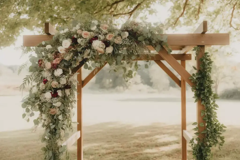 Rustic wooden arch with cascading florals in garden setting