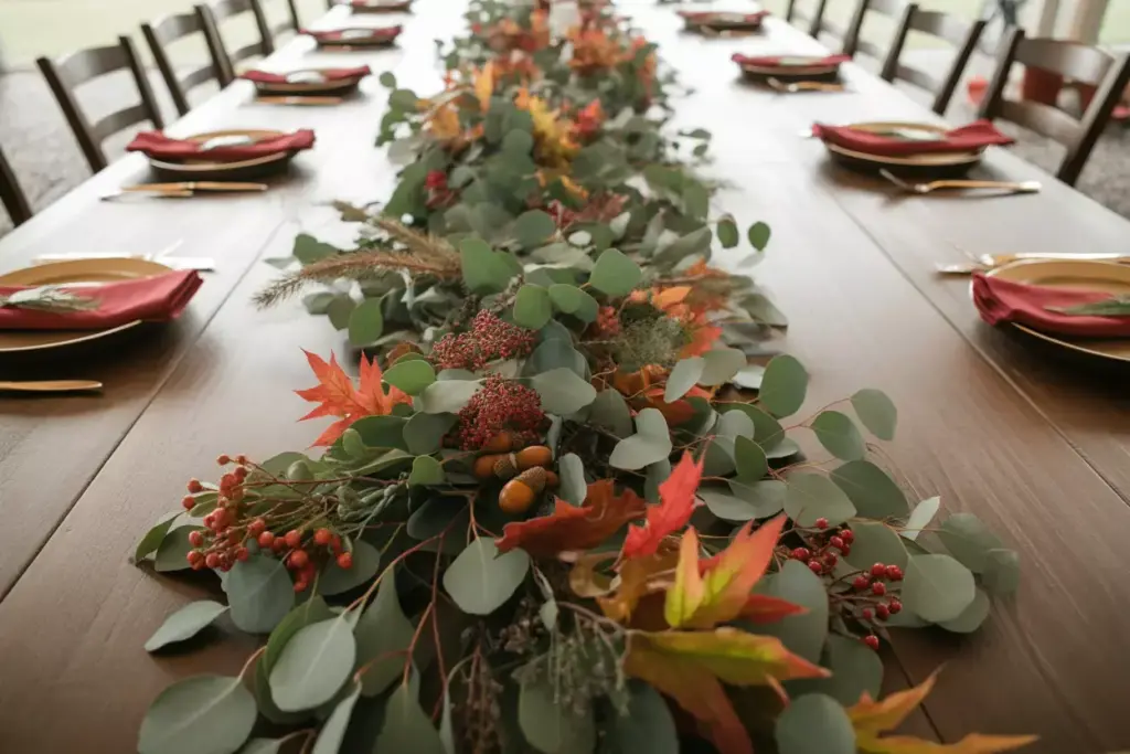 Cascading eucalyptus fall foliage garland rustic wood table
