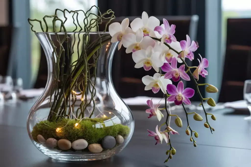 Cascading orchid stems from trumpet vase with willow