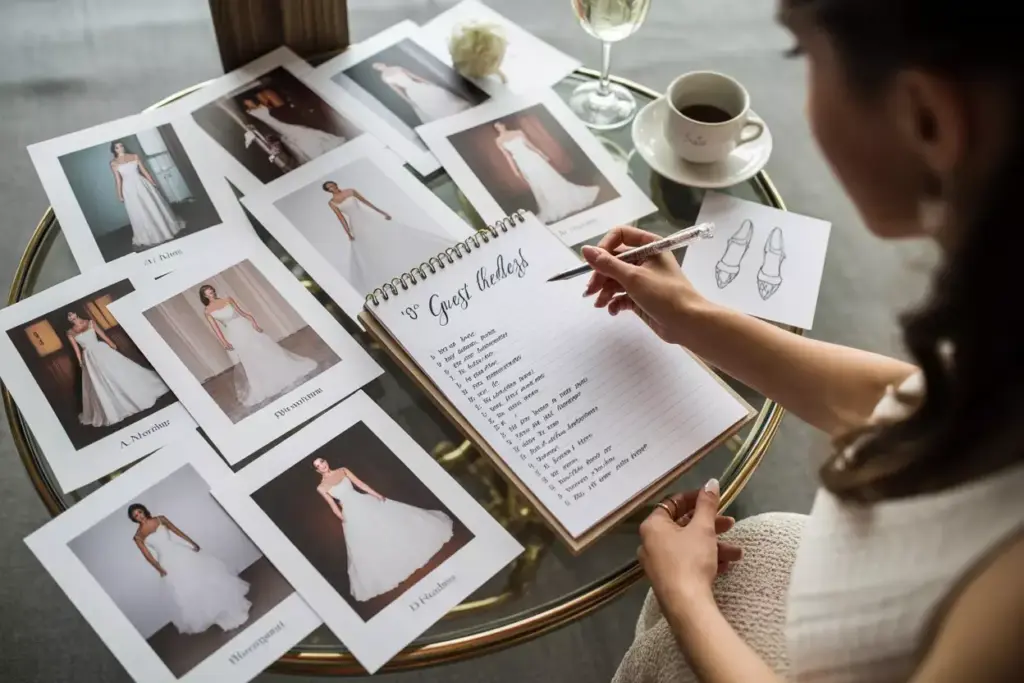 Flat lay of wedding dress photos for guess the game