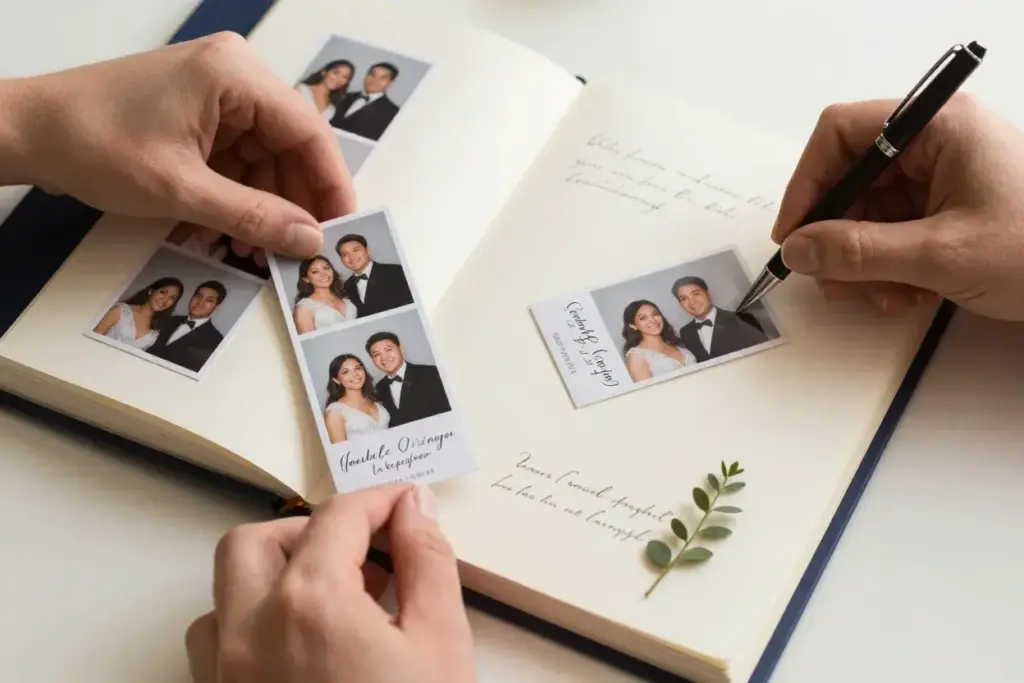 Hands adding personalized photo strip to wedding guestbook album