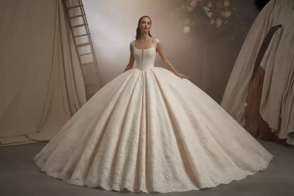 Romantic lace ball gown with structured bodice and scoop neck