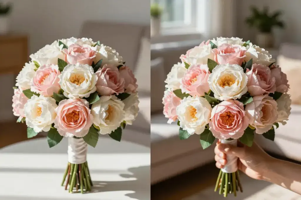 Side by side comparison of fresh wedding bouquet and silk replica in sunlight