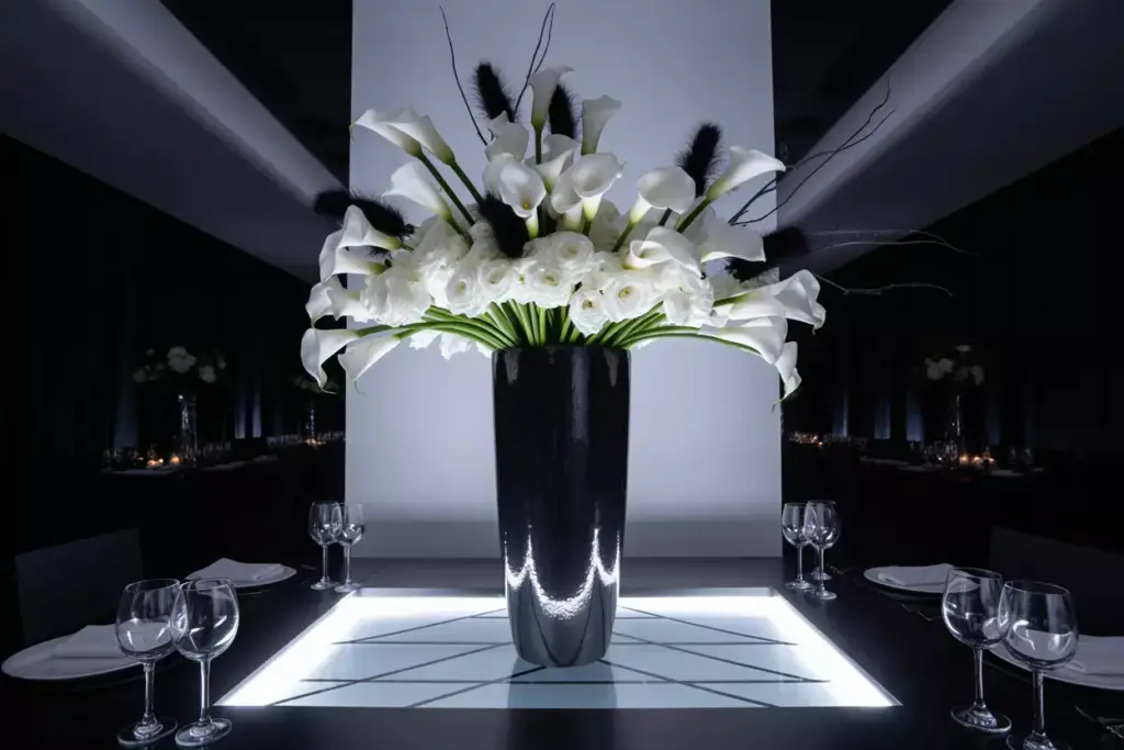 Black vase with white flowers and geometric runner