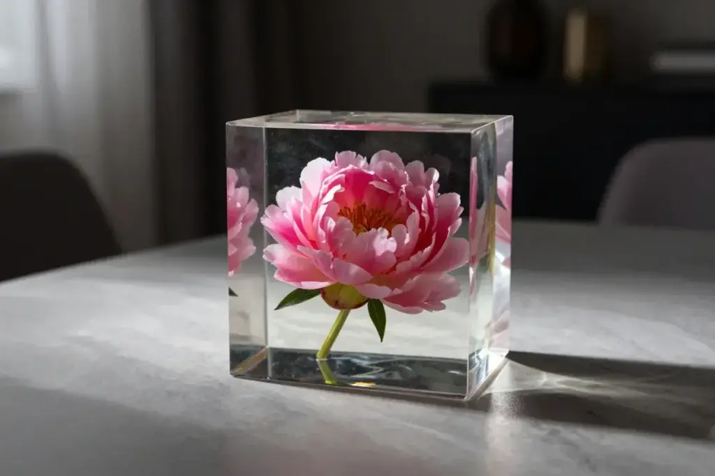 Clear resin cube with suspended peony bloom on modern dining table