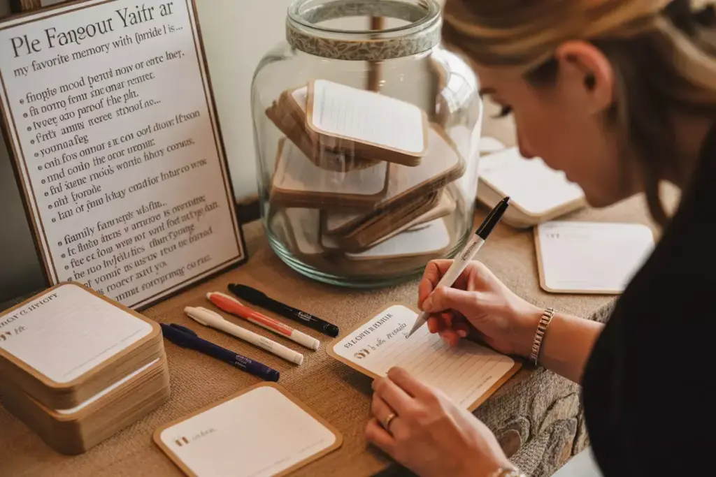 Guest writing on recipe card for memory jar station