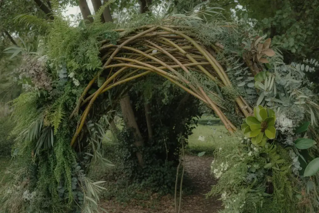 Natural branch and greenery arch woodland setting
