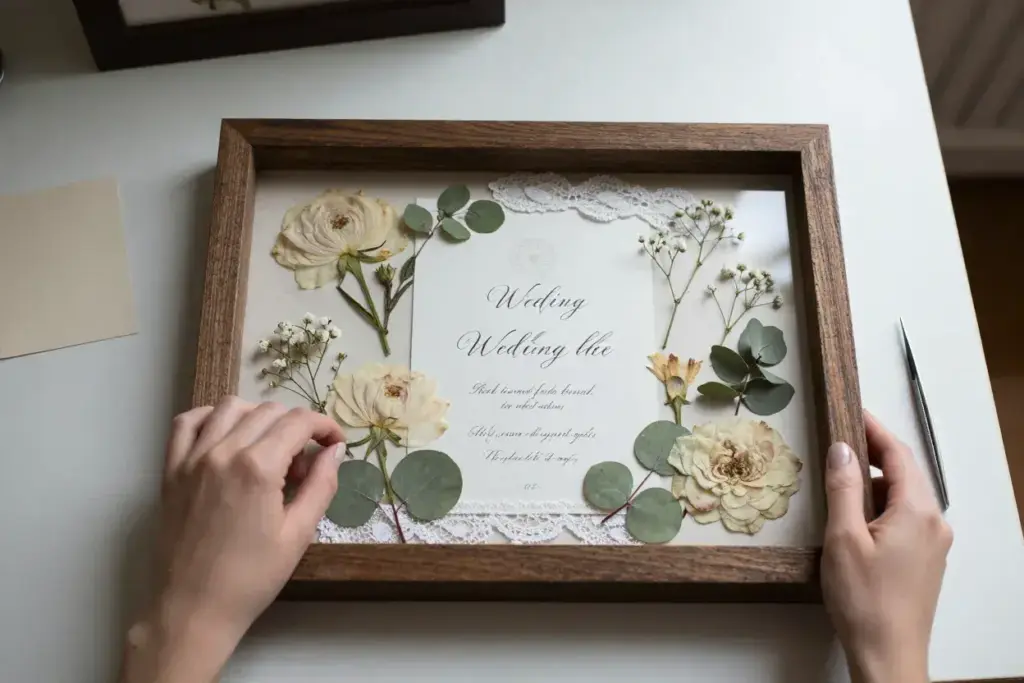Artisan hands arranging pressed flowers invitation and lace in shadow box