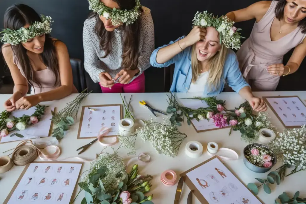 Overhead view of guests making diy flower crowns together