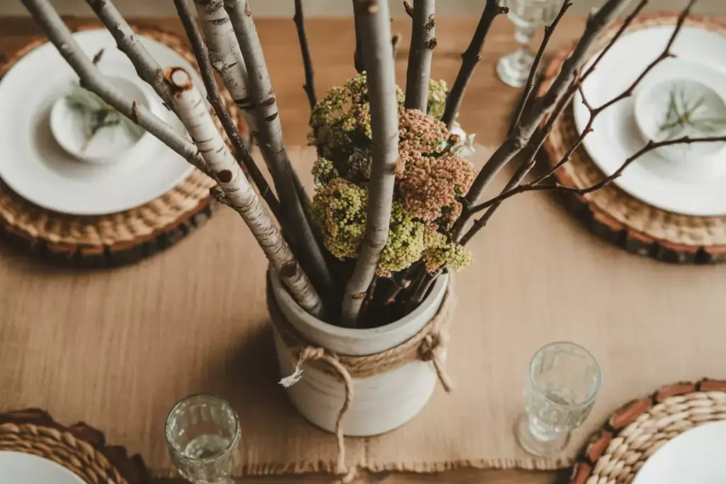 Rustic wood vase with birch branches and peonies