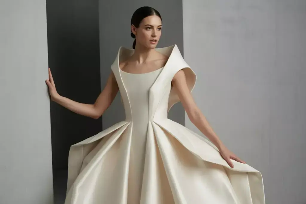 Silk mikado wedding gown architectural lines structure