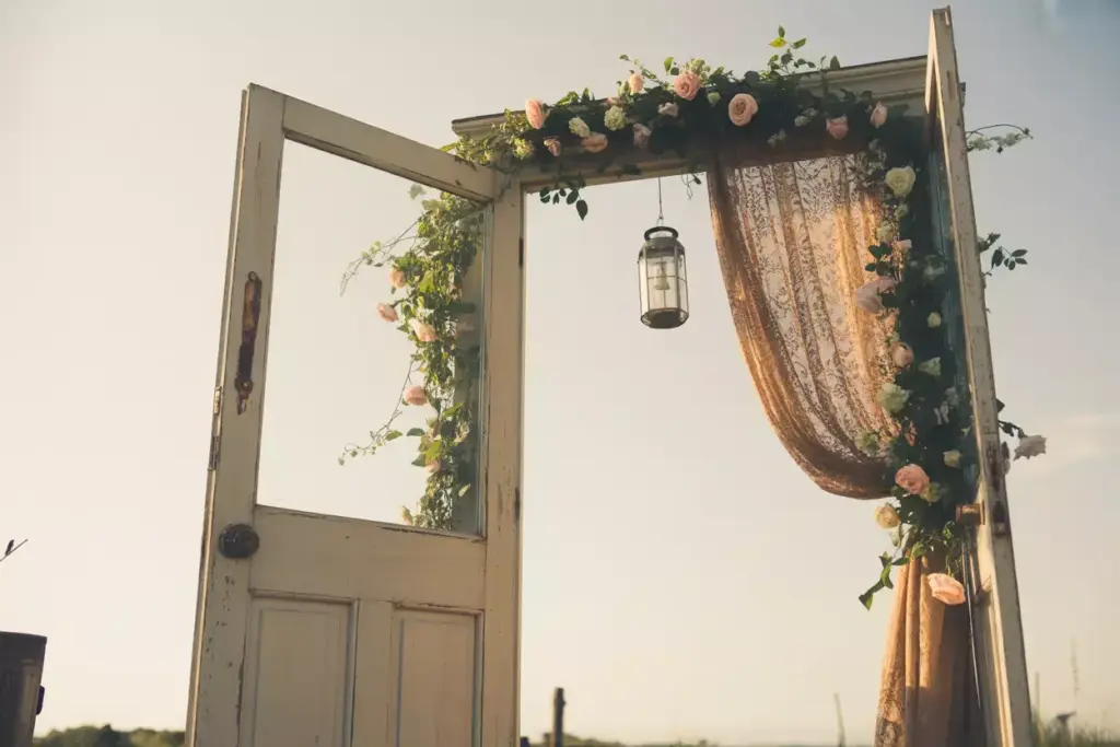 Vintage doorway arch with climbing roses and lace