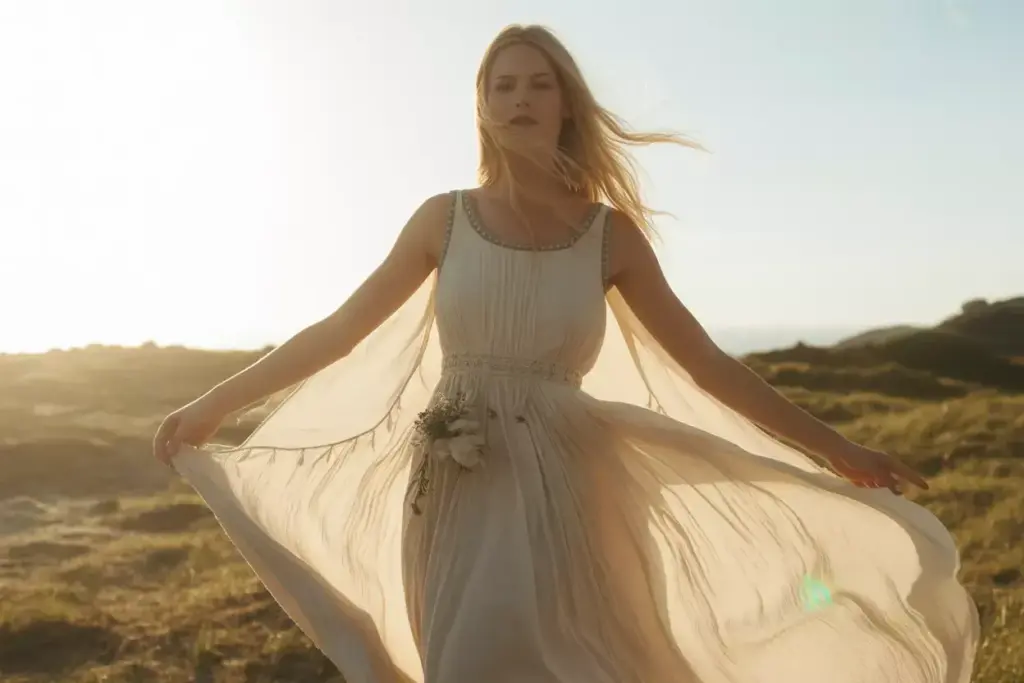 Bohemian flowing chiffon gown with embroidered scoop neckline