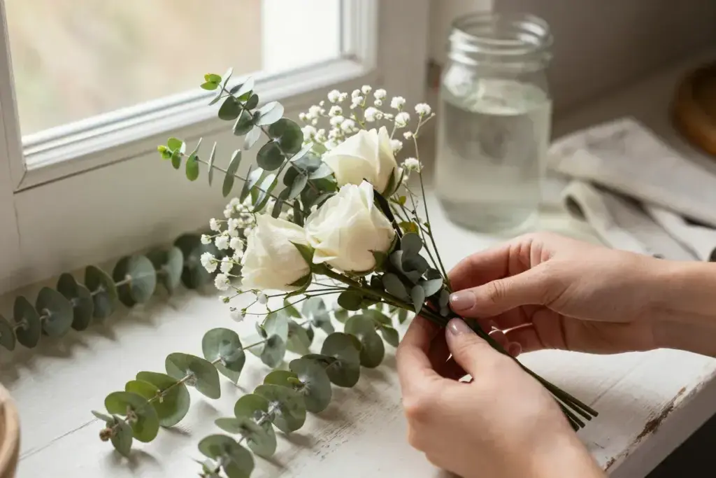 Close up of flexible glycerin preserved eucalyptus and roses on windowsill