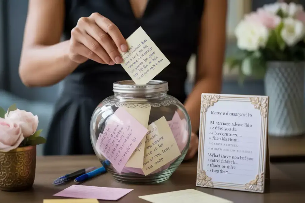 Closeup of hand placing note into decorative memory jar