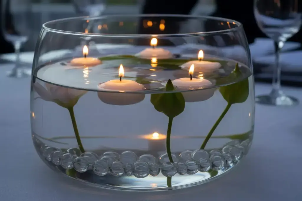 Hurricane vase with floating candles and submerged greenery