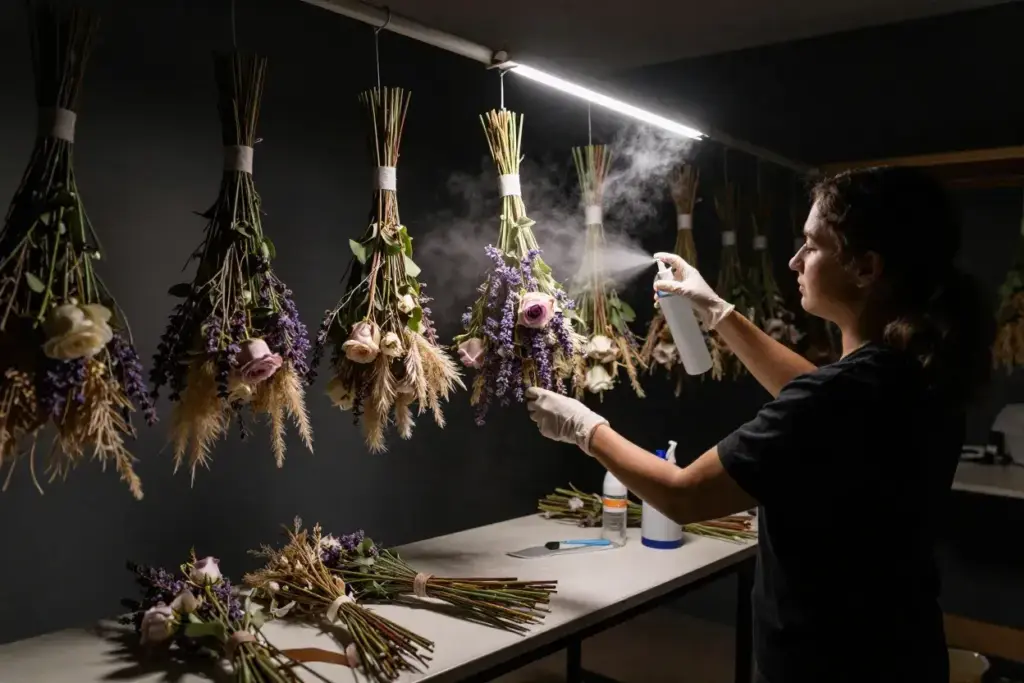 Bouquets hanging in climate controlled drying room with professional sealant application
