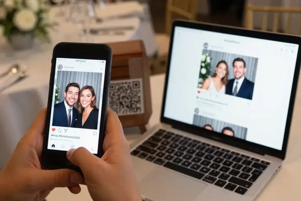 Guest using phone to instantly share photo booth pic on social media