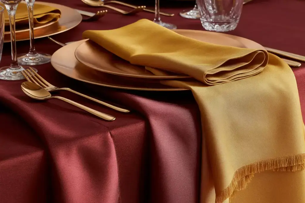 Luxurious burgundy gold table linens copper charger napkin