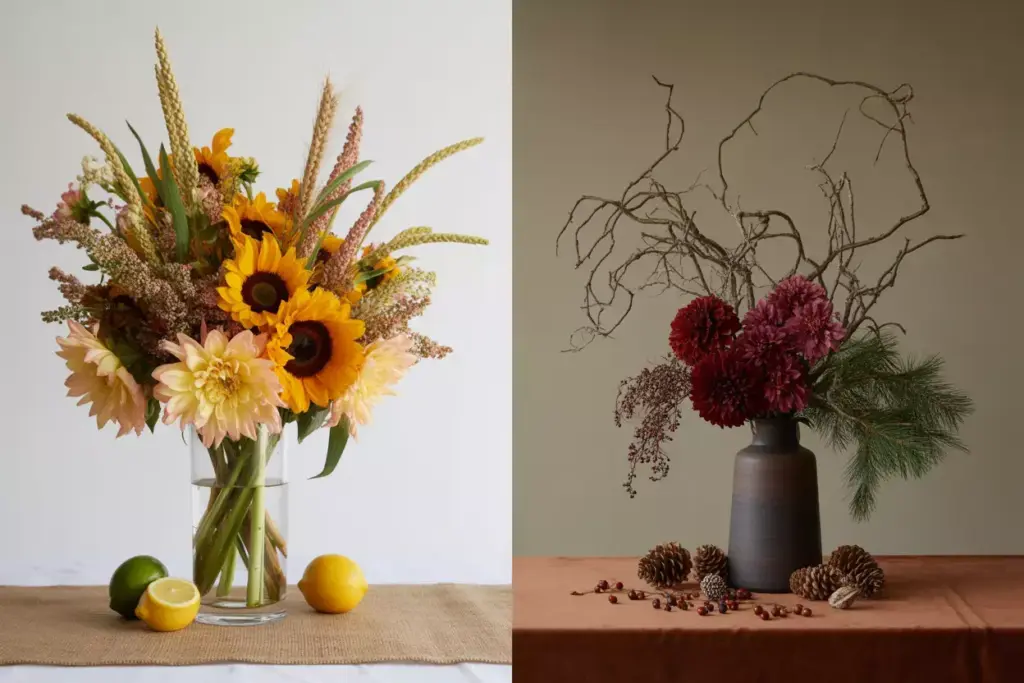 Seasonal tall centerpieces sunflowers summer burgundy fall