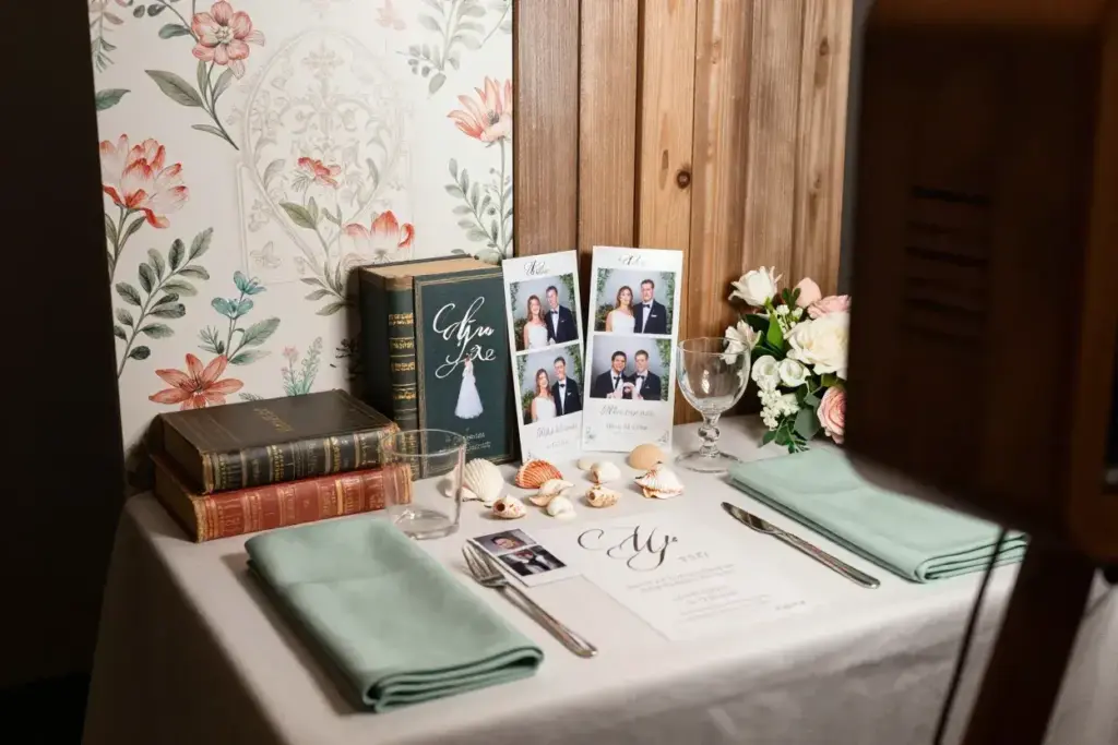 Detailed custom photo booth backdrop props and personalized print template