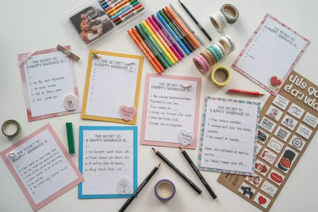 Flat lay of decorated advice cards and art supplies display