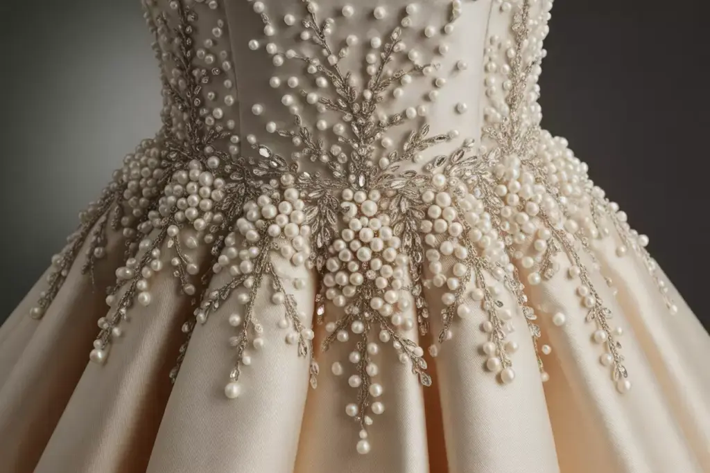 Wedding gown bodice pearl crystal beading embellishment detail