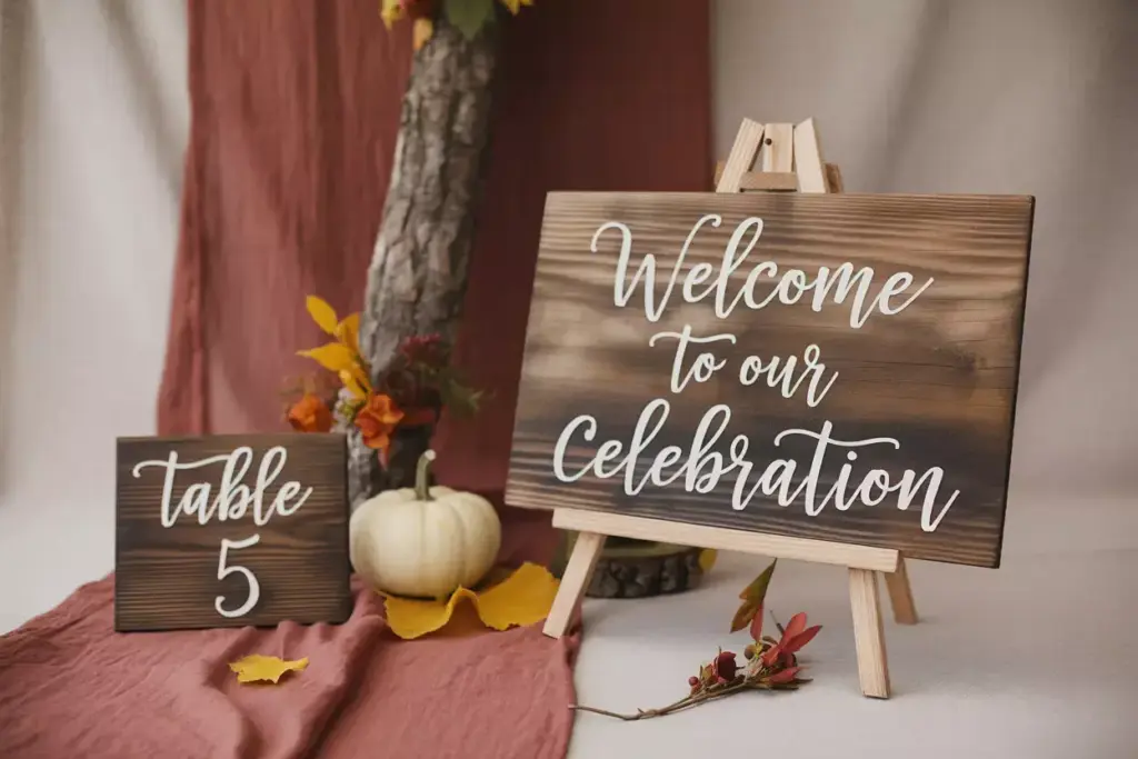 Rustic wooden calligraphy signage welcome table number autumn