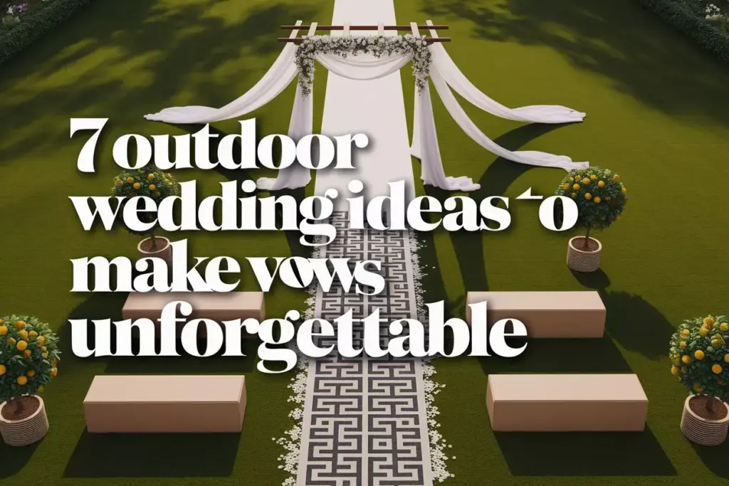 Aerial view modern garden wedding ceremony with wooden arch and floral decor