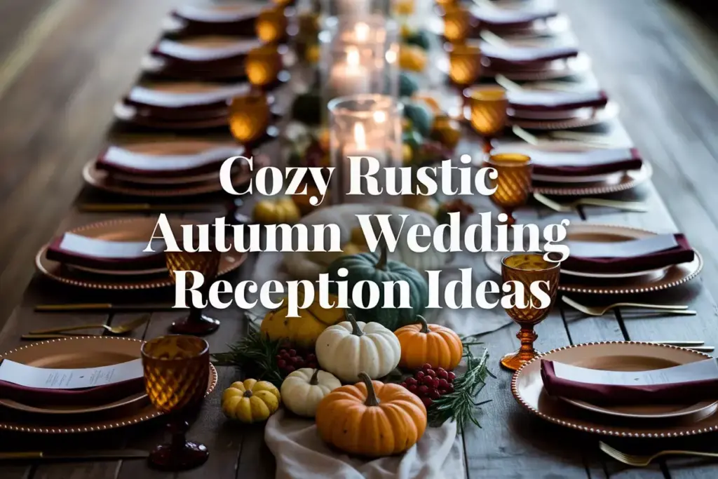 Autumn wedding table setting with pumpkins foliage and candles