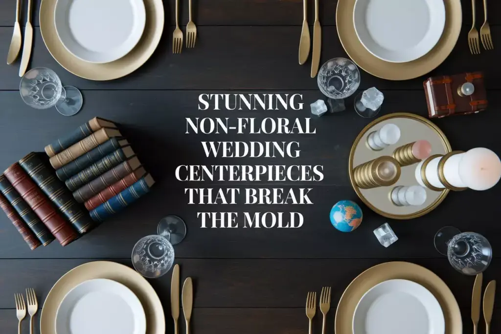 Overhead flat lay of varied elegant non floral wedding centerpiece alternatives on wood table