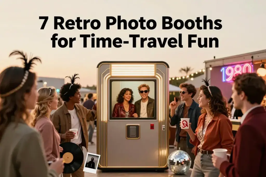 Retro photo booth time travel event guests nostalgic vintage fun