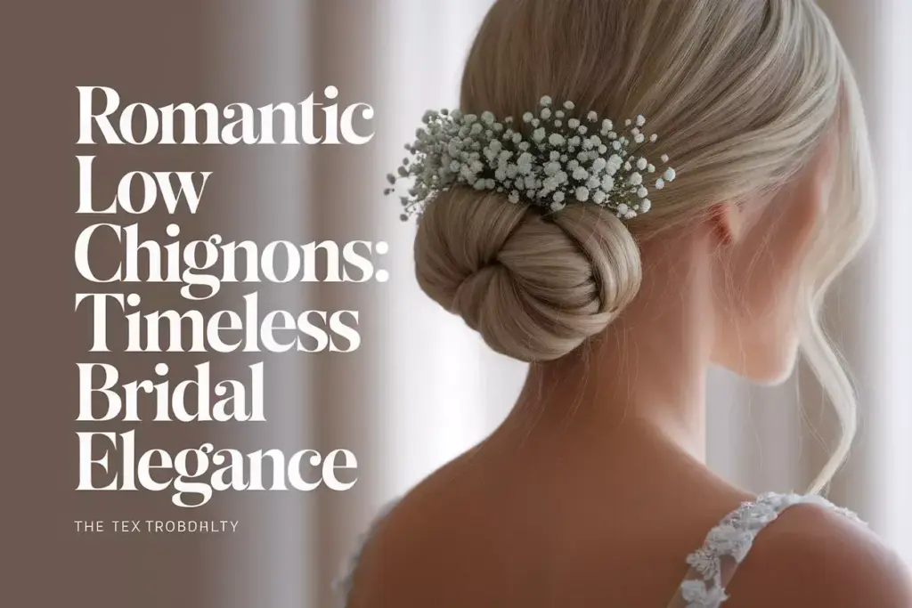 Romantic low chignon with fresh flowers bridal beauty close up neutral background