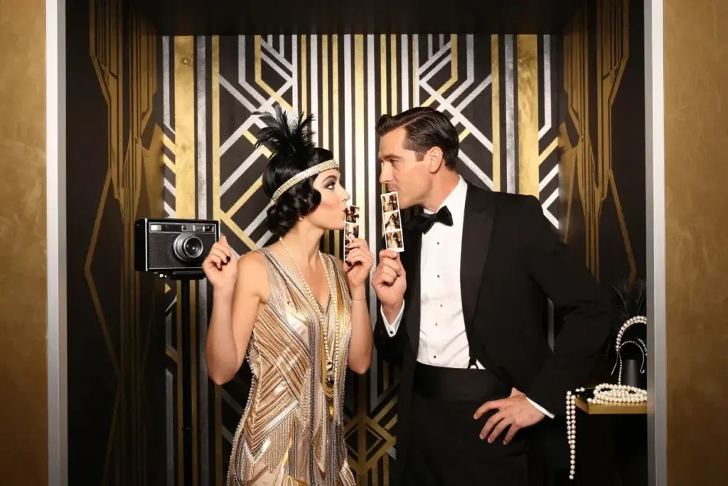 1920s art deco flapper and tuxedo guests pose geometric backdrop