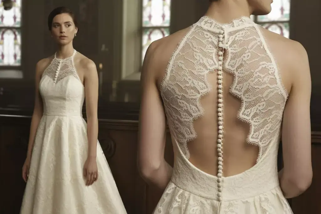 Romantic lace halter wedding dress with keyhole back and buttons