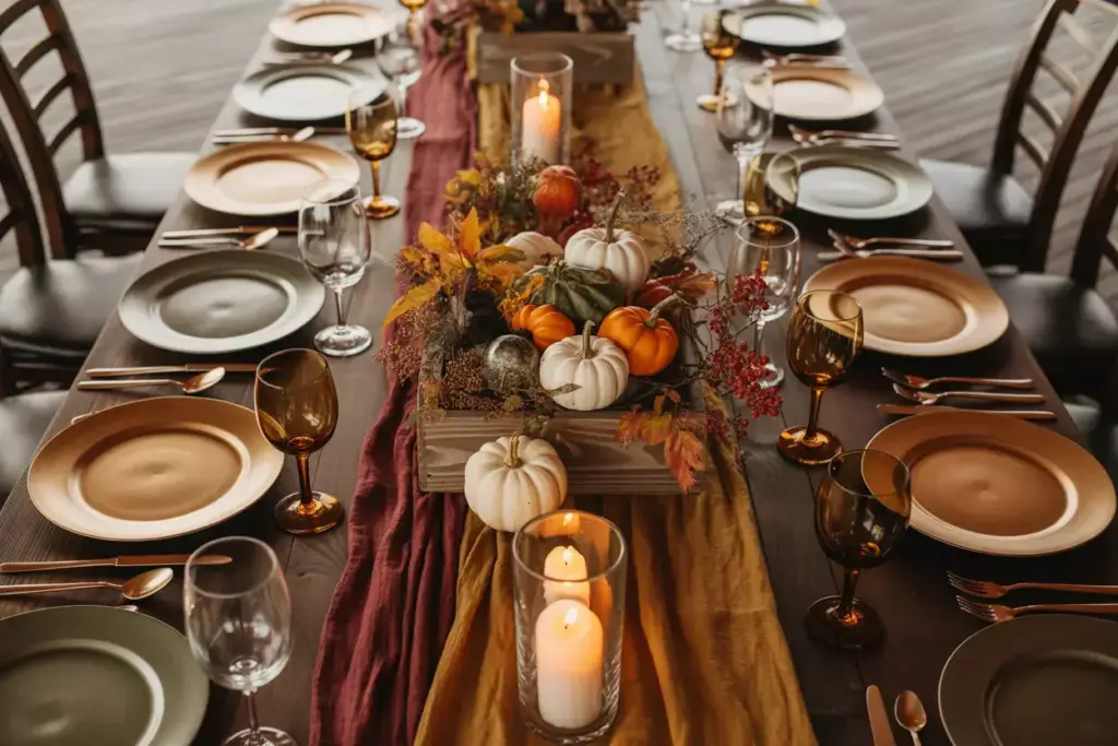 Rustic farm table with pumpkin centerpieces and amber glassware