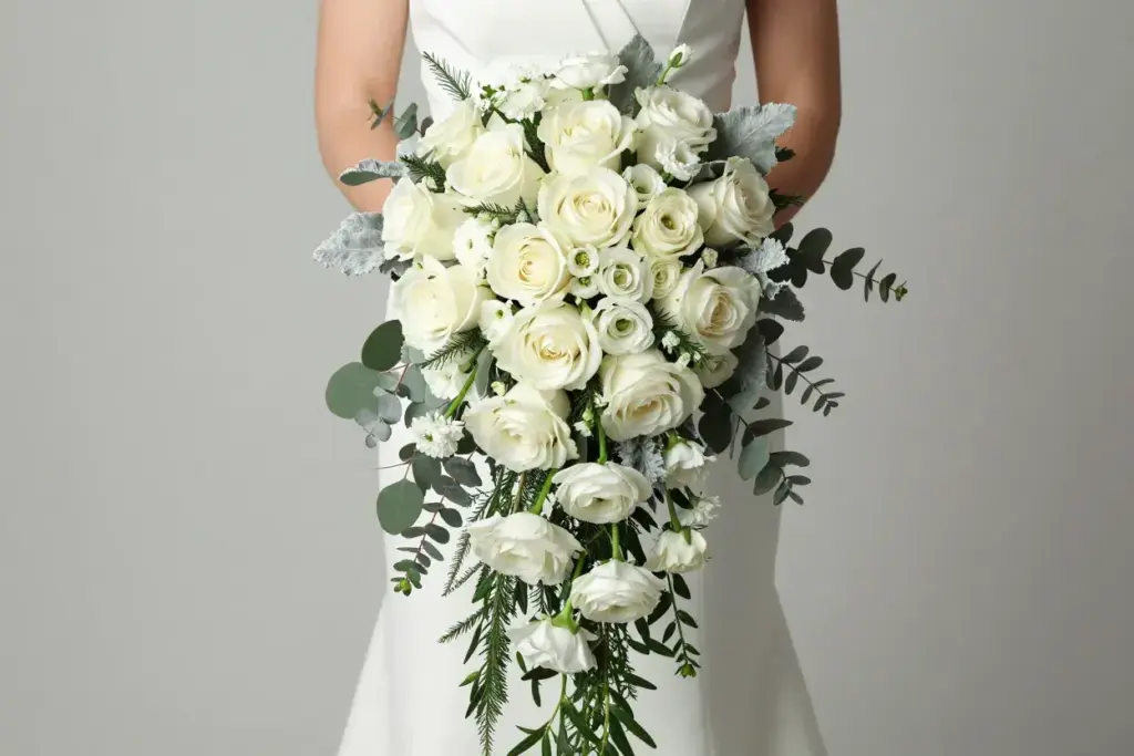 The timeless white rose cascade with eucalyptus and ivy trails