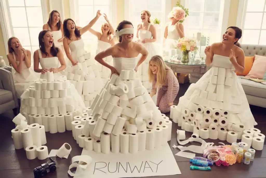 The toilet paper wedding dress challenge active creation in sunlit living room