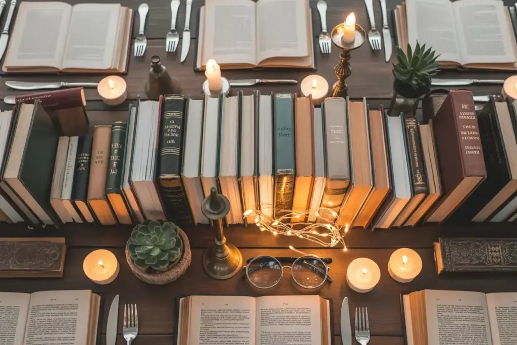 Vintage book stack with fairy lights on wooden reception table