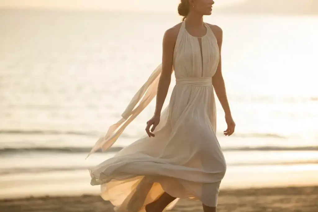 Bohemian chiffon halter gown with draped back on beach