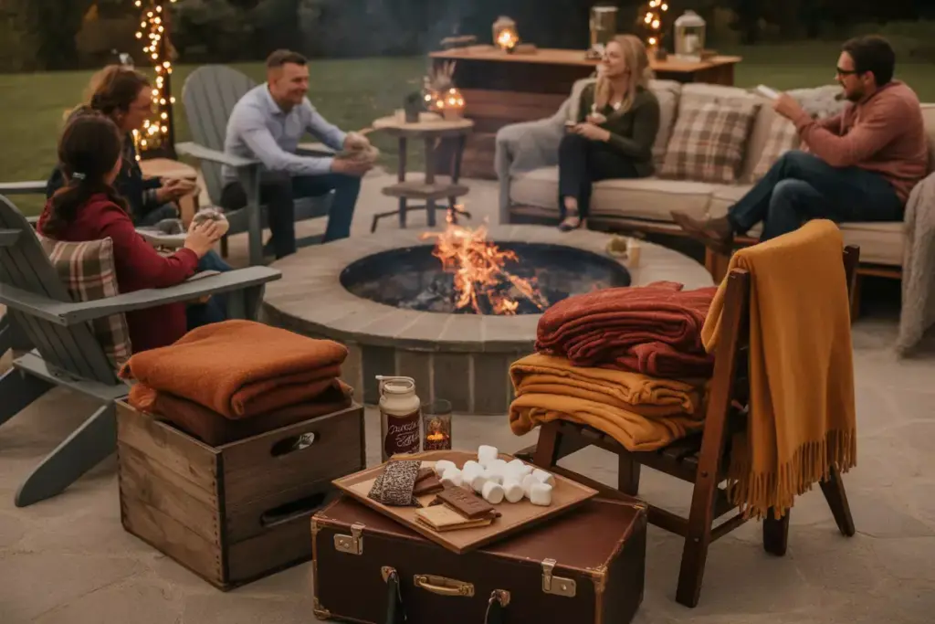 Cozy fire pit lounge with blanket station and smores