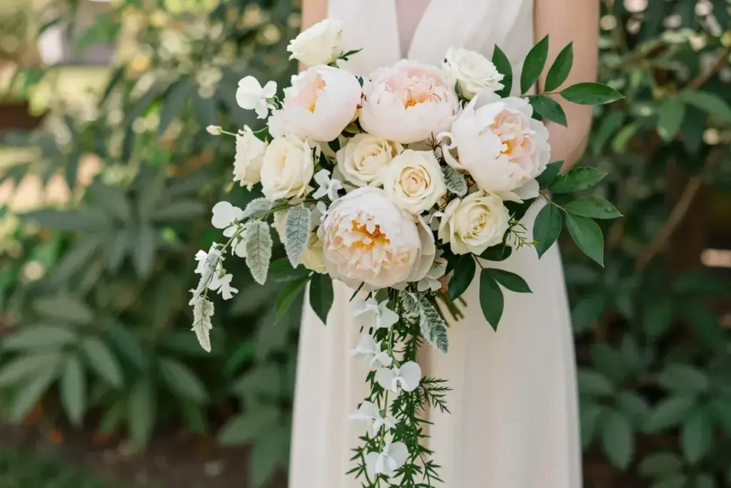 The romantic peony and rose garden bouquet with sweet peas