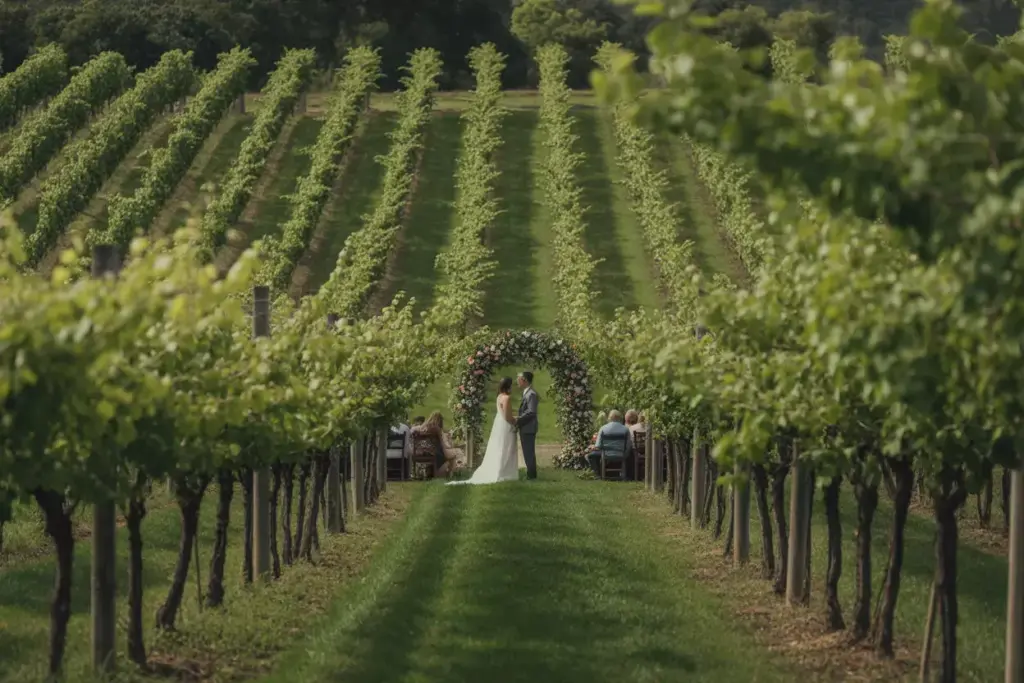 Vineyard orchard wedding ceremony natural green aisle arch