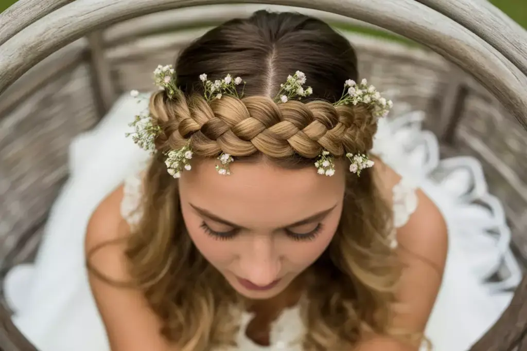 Bohemian braided crown with fresh flowers and loose hair