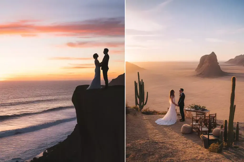Desert coastal cliff wedding ceremony silhouette sunset backdrop