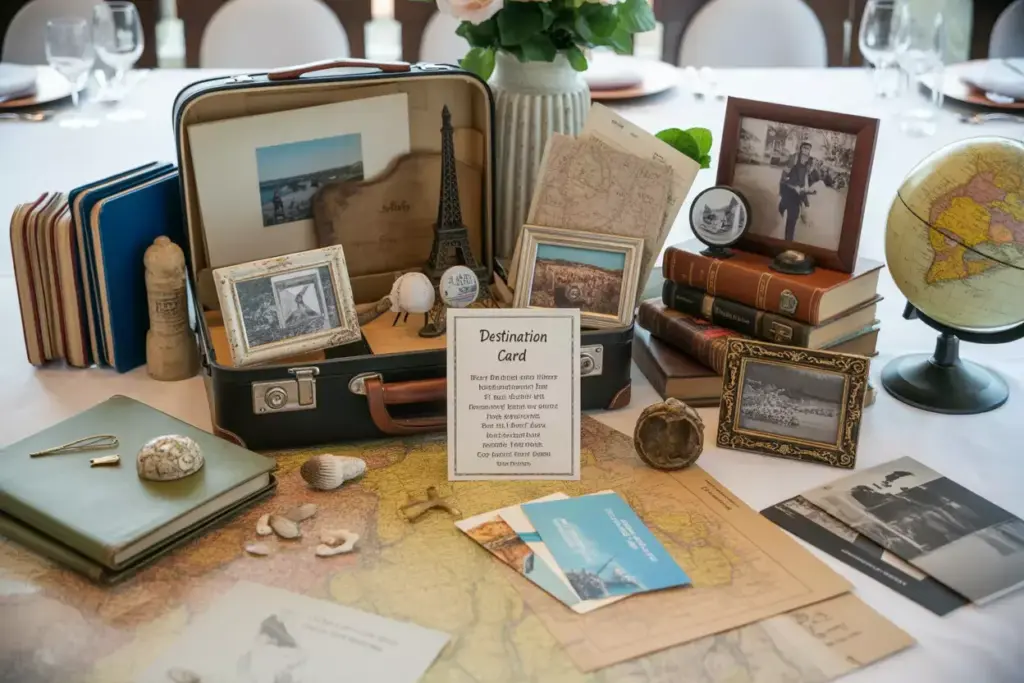 Travel memory centerpiece with vintage suitcase globe and postcards