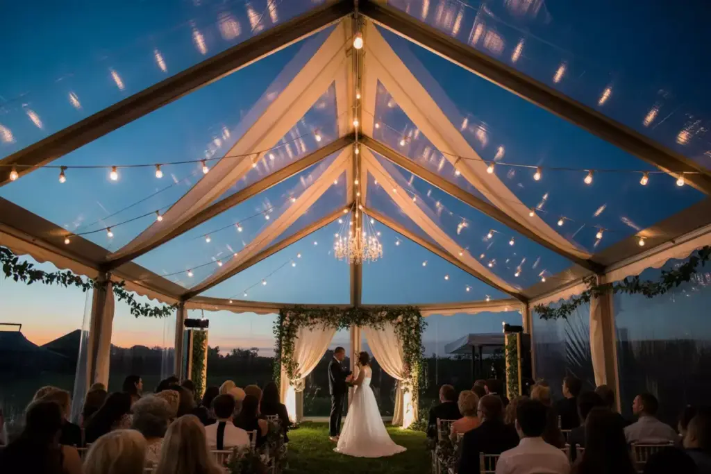 Clear top tent wedding ceremony interior string lights drapes