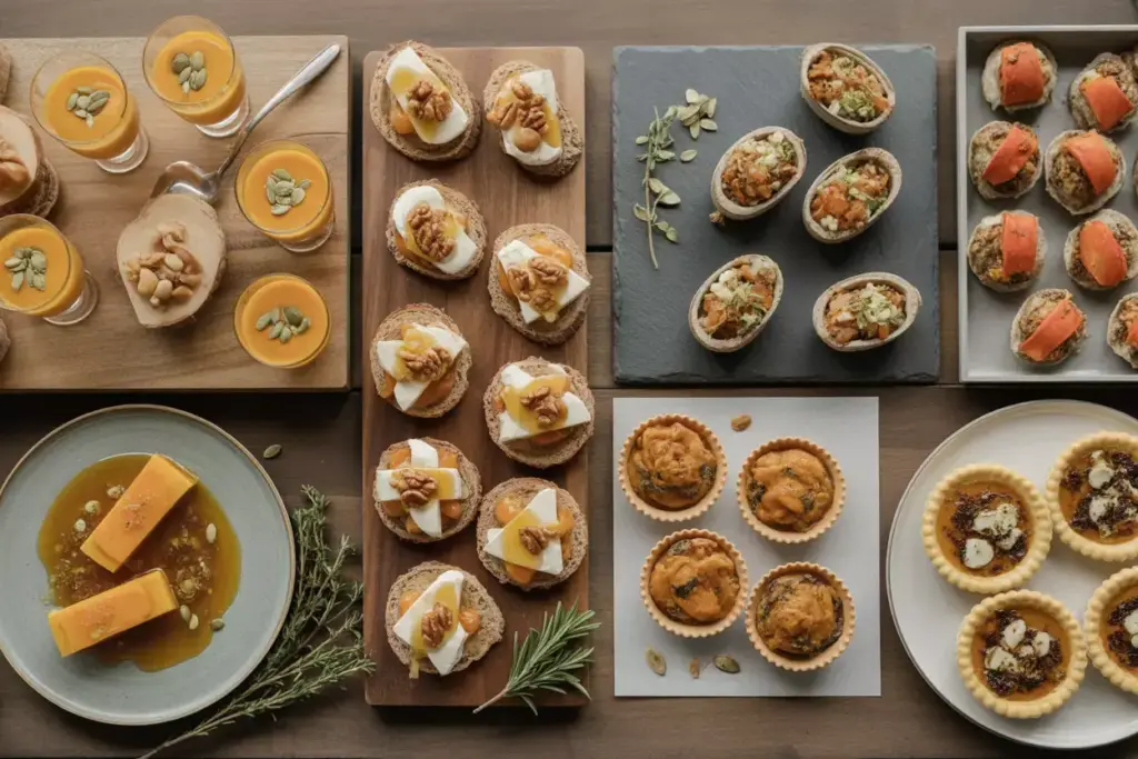 Harvest appetizer display with butternut soup and pumpkin ravioli
