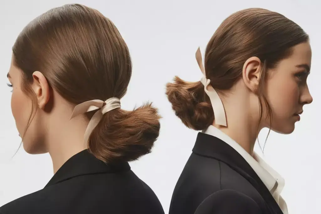 Modern sleek top textured low ponytail with silk ribbon