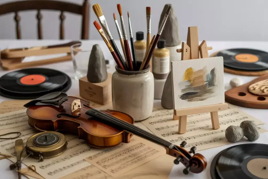 Musical hobby centerpiece with vinyl sheet music and instrument